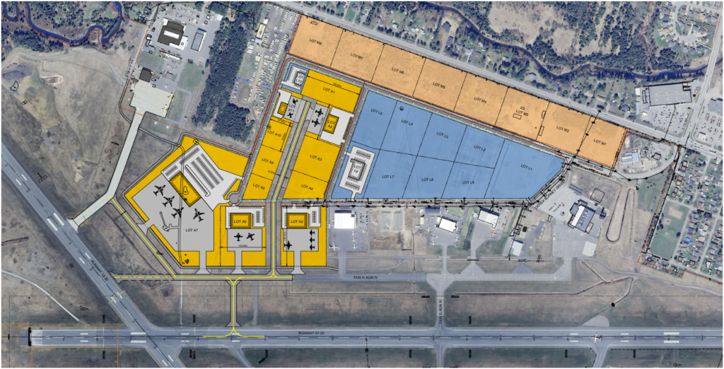 An aerial view of Thunder Bay airport overlaid with land development area opportunities